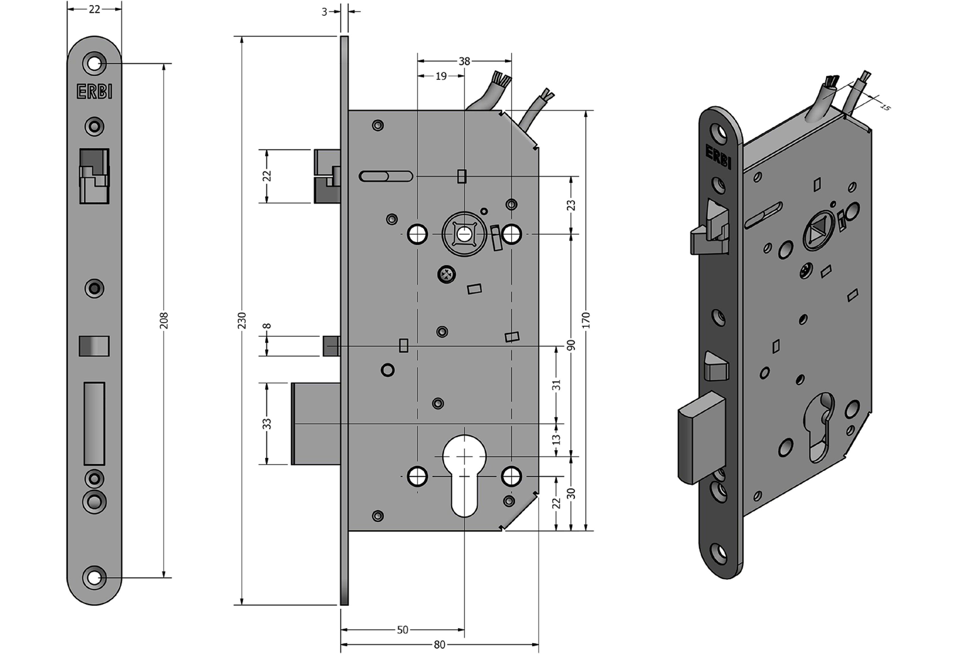 Zadlabací zámek  ERBI - STAR 90/50 elektromechanický samozamykací