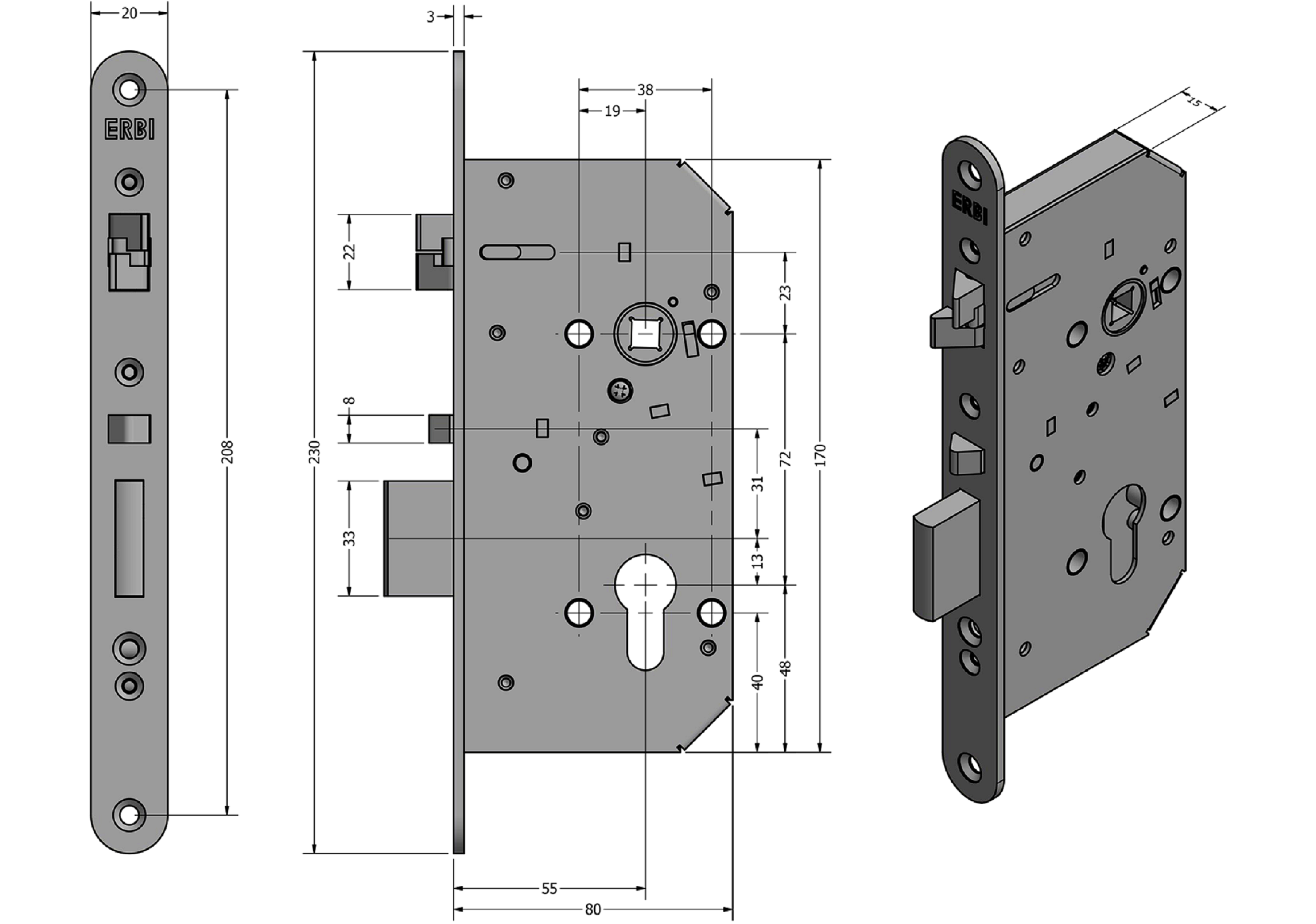Zadlabací zámek ERBI - STAR 72/55 mechanický samozamykací