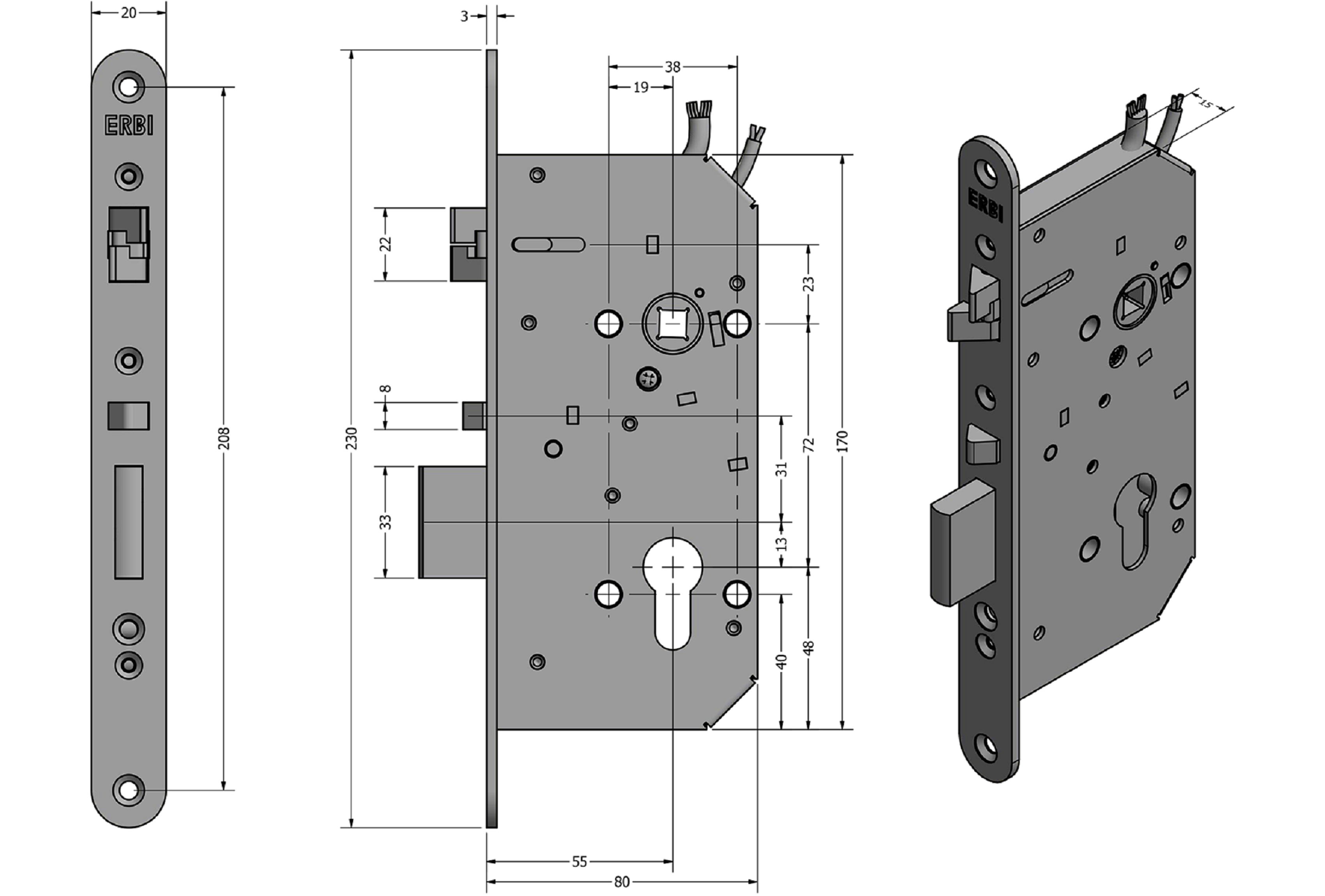 Zadlabací zámek ERBI - STAR 72/55 elektromechanický samozamykací