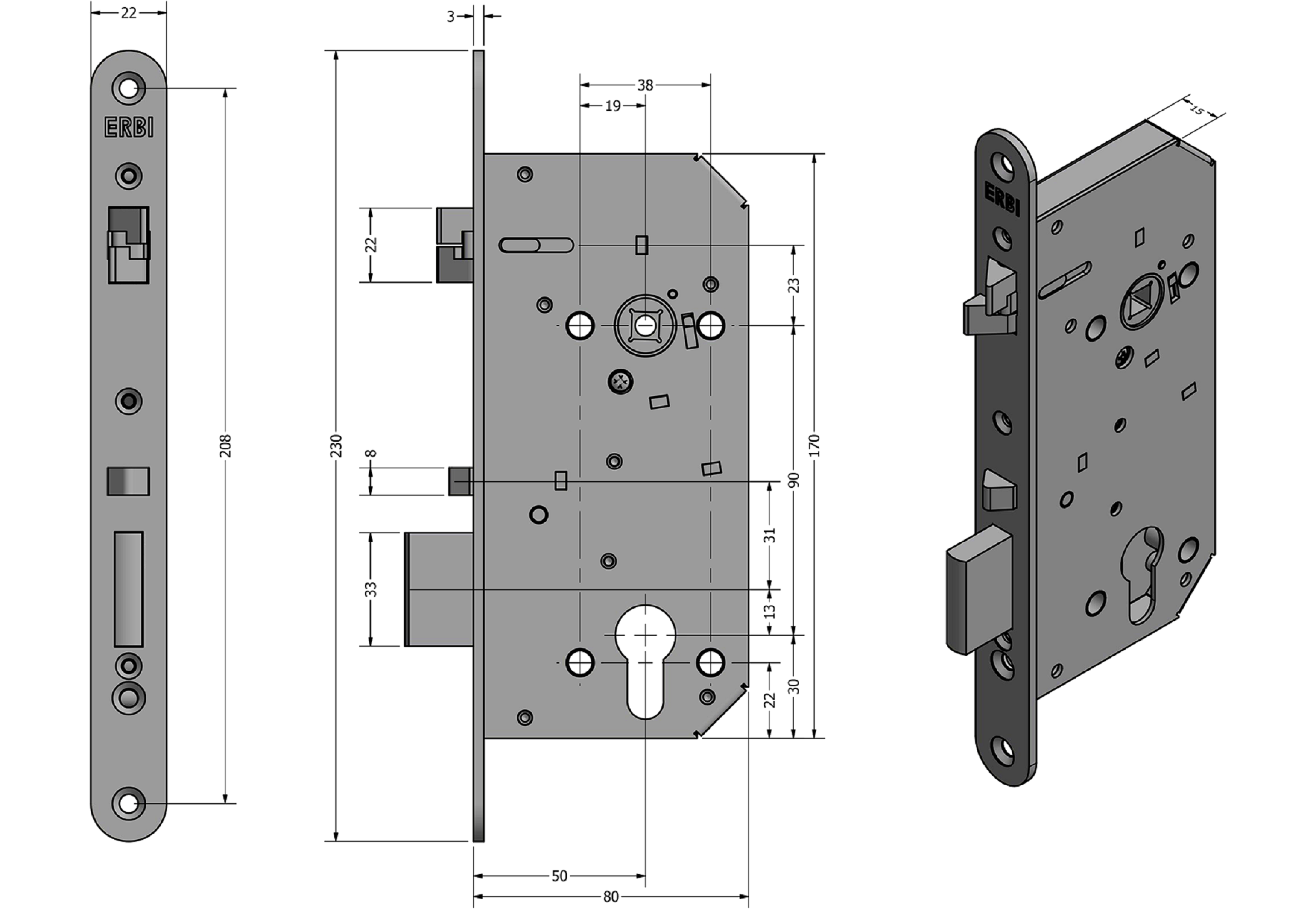 Zadlabací zámek ERBI - STAR 90/50 mechanický samozamykací